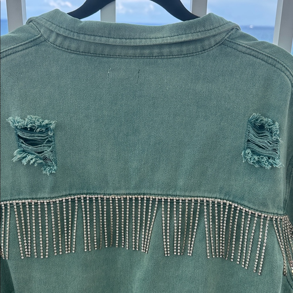 POL fringe turquoise/olive woman's Jean Jacket - Picture 3 of 10